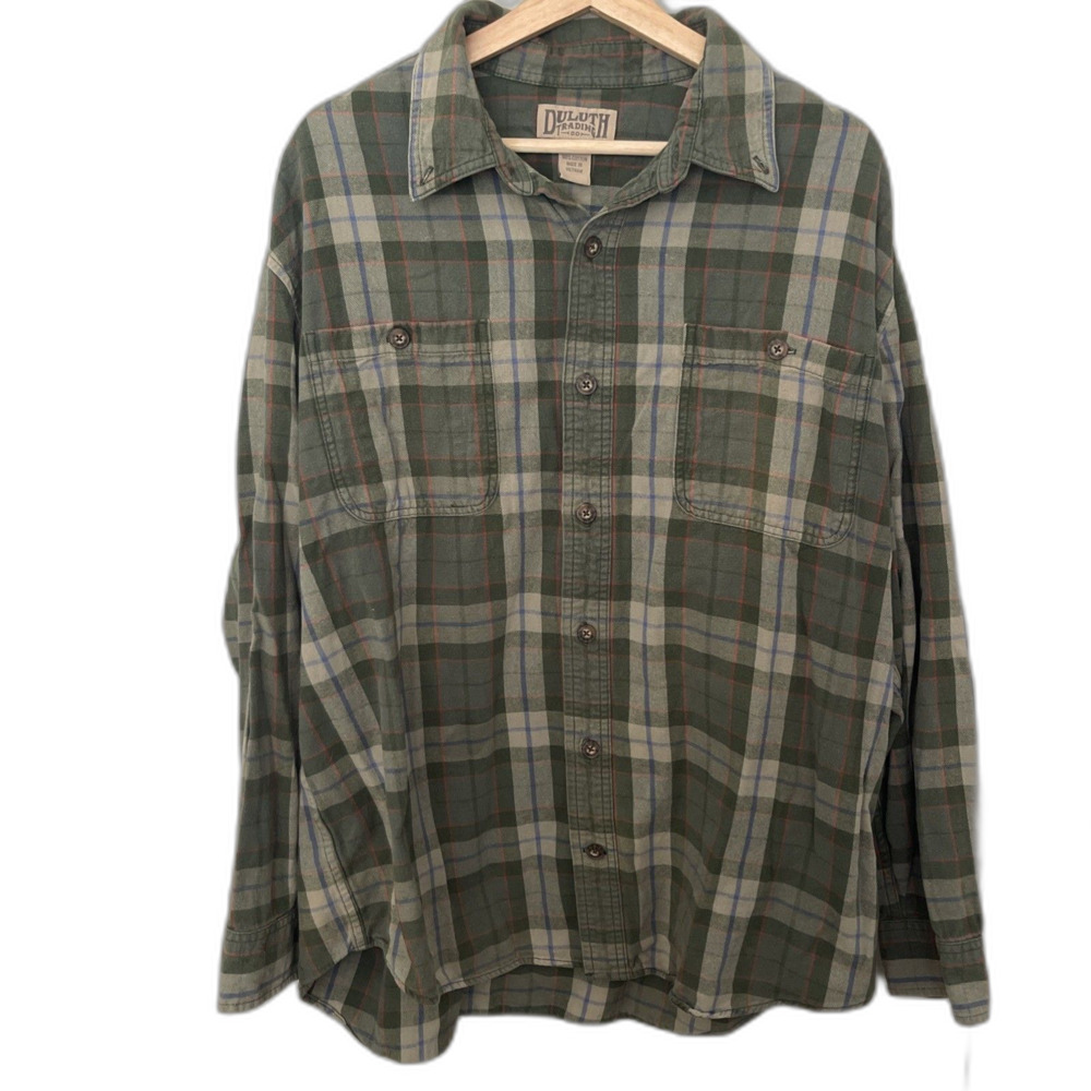 Duluth Trading Co Flannel Shirt Mens XL Green Plaid Heavyweight Outdoor